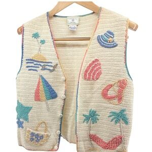Vintage Susan Bristol‎ Hand Knit Embroidered Beach Vest Women's Size S  Nautical